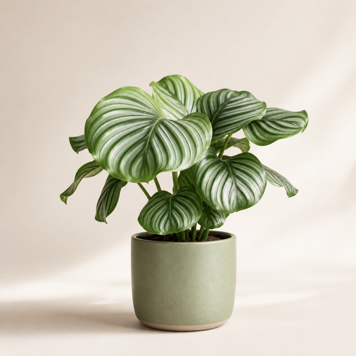 Calathea houseplant in a sage ceramic pot