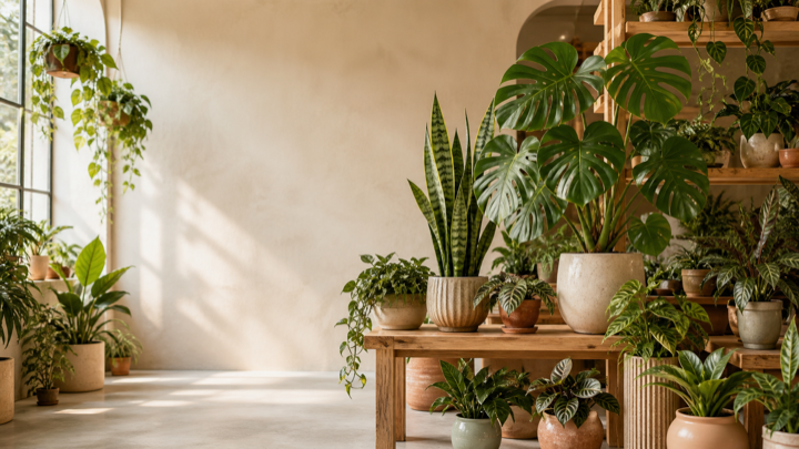 Indoor display of assorted potted houseplants on wooden tables and shelves